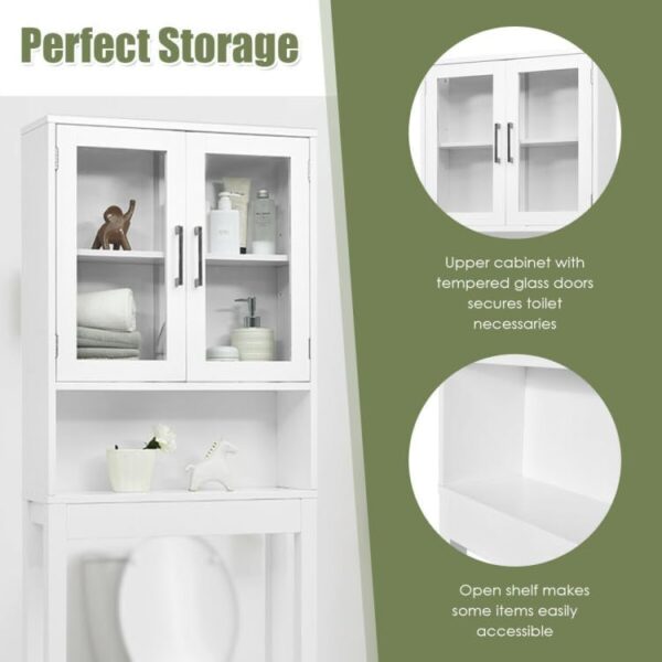 Safeplus Over The Toilet Cabinet, Bathroom Storage Organizer with Double Tempered Glass Doors and Adjustable Shelf, Freestanding Toilet Rack for Bathroom Storage, White - Image 5